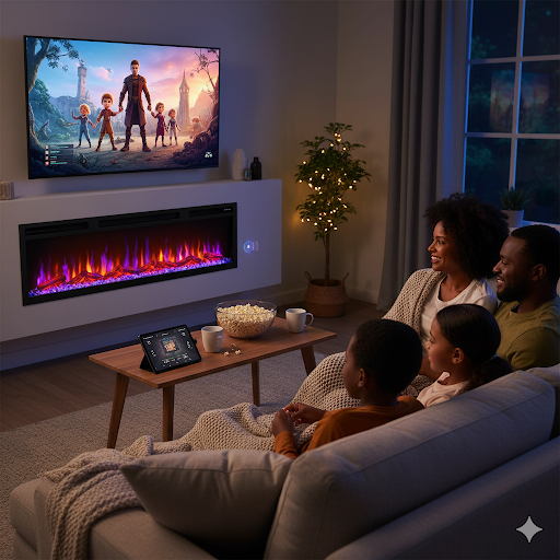 Family sitting around the tv