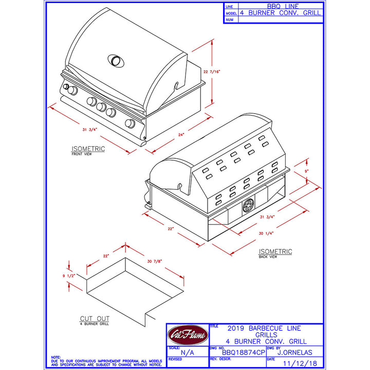 Parrilla de gas propano empotrada de 32 pulgadas y 4 quemadores con quemador trasero infrarrojo Cal Flame Convection Series