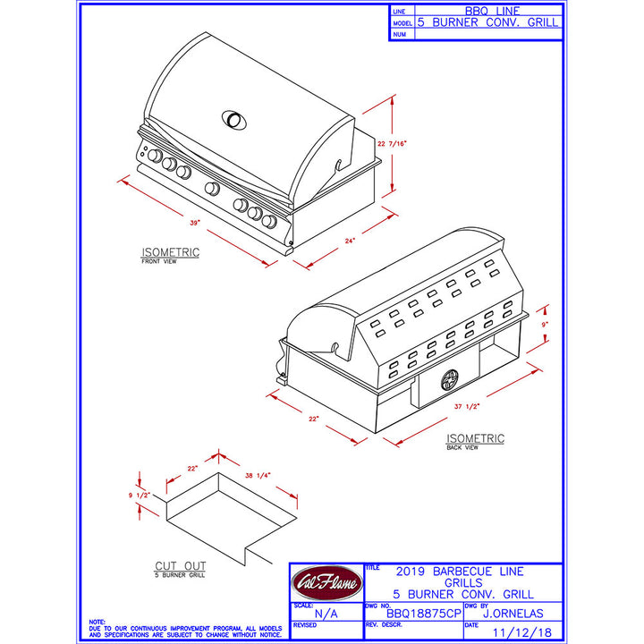 Parrilla de gas propano empotrada de 40 pulgadas y 5 quemadores con quemador trasero infrarrojo Cal Flame Convection Series