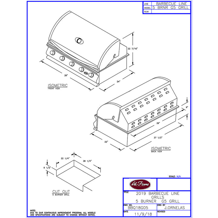 Parrilla de gas propano empotrada de 40 pulgadas y 5 quemadores Cal Flame Serie G