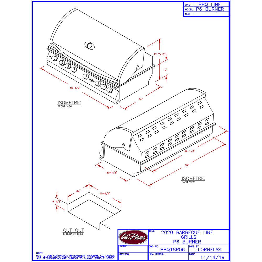 Parrilla de gas propano empotrada Cal Flame Serie P de 48 pulgadas y 6 quemadores con quemador trasero infrarrojo