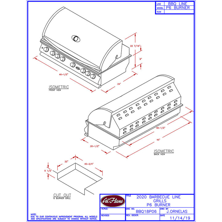 Parrilla de gas propano empotrada Cal Flame Serie P de 48 pulgadas y 6 quemadores con quemador trasero infrarrojo