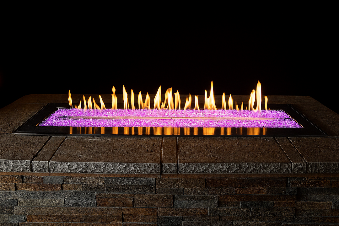 Fire pit with glowing flames and a dark background