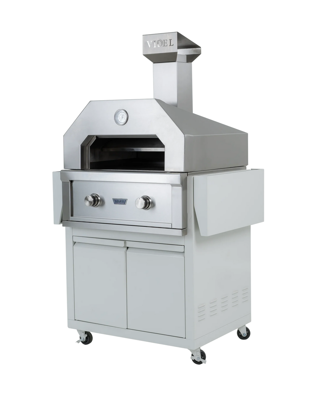 Stainless steel outdoor pizza oven on wheels with a white background