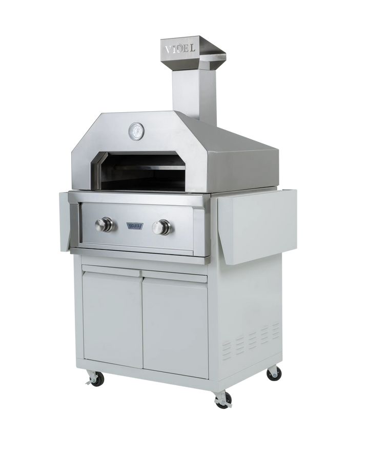 Stainless steel outdoor pizza oven on wheels with a white background