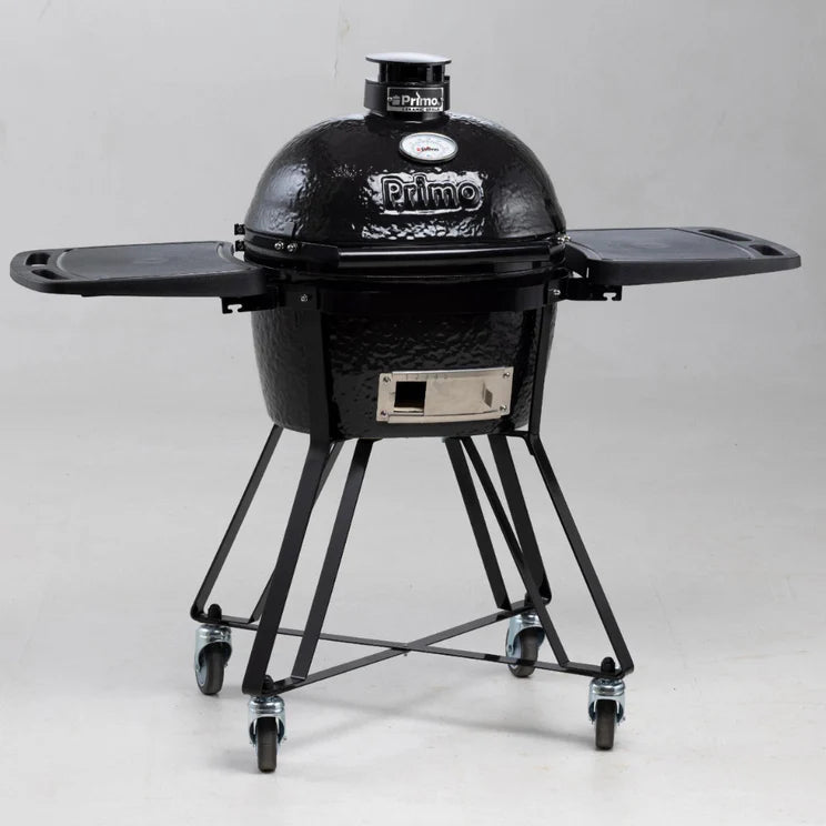 Parrilla Kamado de cerámica Primo All-In-One Oval Junior 200 con base, estantes laterales y rejillas de acero inoxidable - PGCJRC