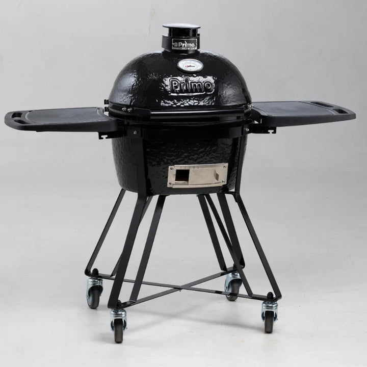 Parrilla Kamado de cerámica Primo All-In-One Oval Junior 200 con base, estantes laterales y rejillas de acero inoxidable - PGCJRC