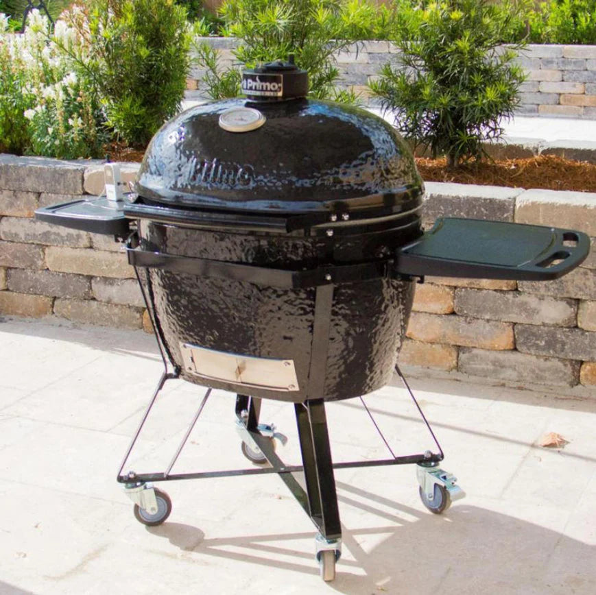Primo All-In-One Oval XL 400 Ceramic Kamado Grill With Cradle, Side Shelves, And Stainless Steel Grates - PGCXLC