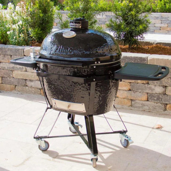 Primo All-In-One Oval XL 400 Ceramic Kamado Grill With Cradle, Side Shelves, And Stainless Steel Grates - PGCXLC