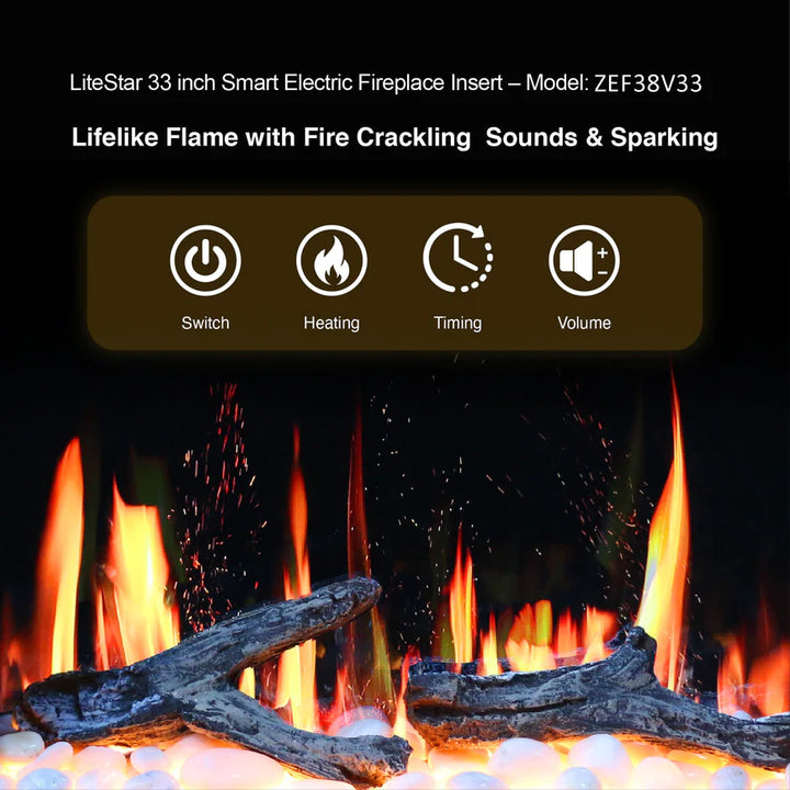 Chimenea eléctrica inteligente LiteStar de 33 pulgadas con wifi y sonidos crepitantes por app - ZEF38VC33