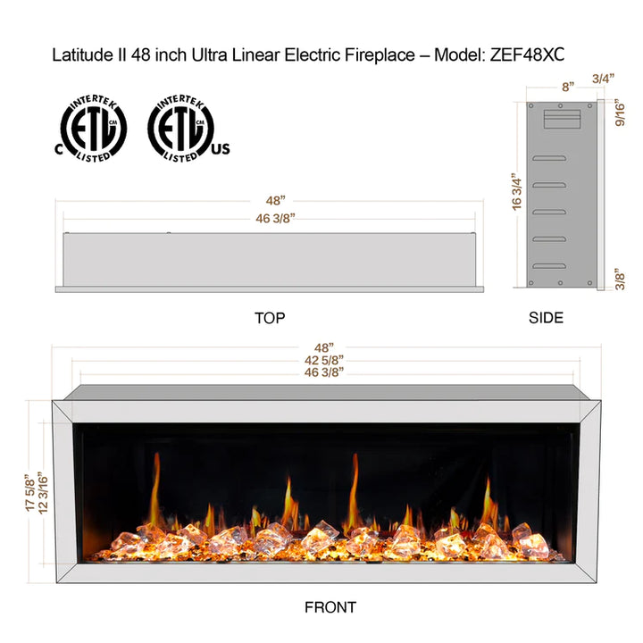 Chimenea eléctrica Litedeer Latitude II de 48 pulgadas con control inteligente, wifi y Crystal Decor Media - ZEF48XC, color negro