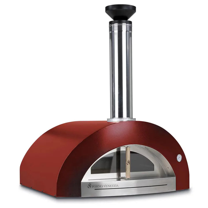 Forno Venetzia Bellagio 200 Red Countertop Wood Fired Oven: Extra-large 36" x 32" cooking surface, fits up to 5 pizzas, firebrick hearth with dual-layer ceramic insulation, glass door with oak handle and stainless steel chimney cap.