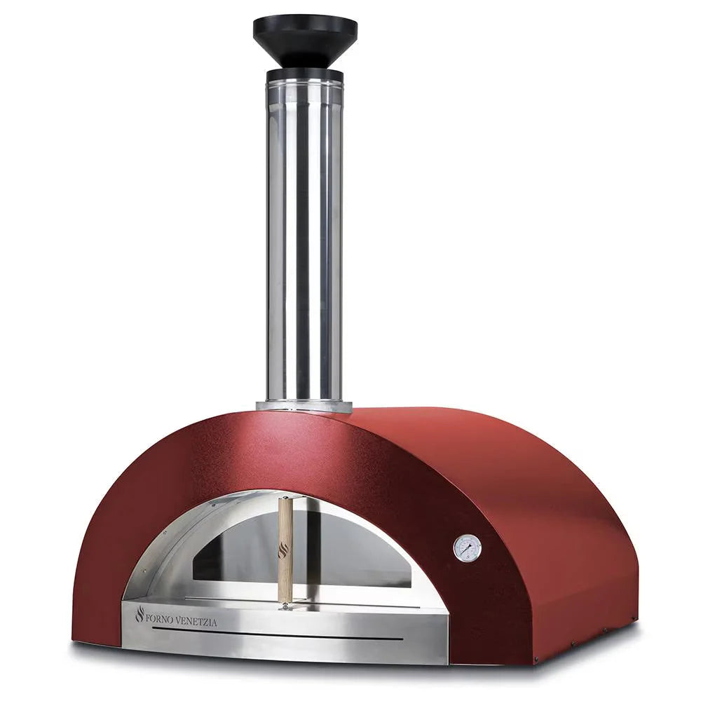 Forno Venetzia 'Bellagio 200' Red Wood-Fired Oven: Large countertop oven with 36" x 32" cooking surface, firebrick hearth, dual-layer ceramic insulation, and glass door for easy food monitoring.