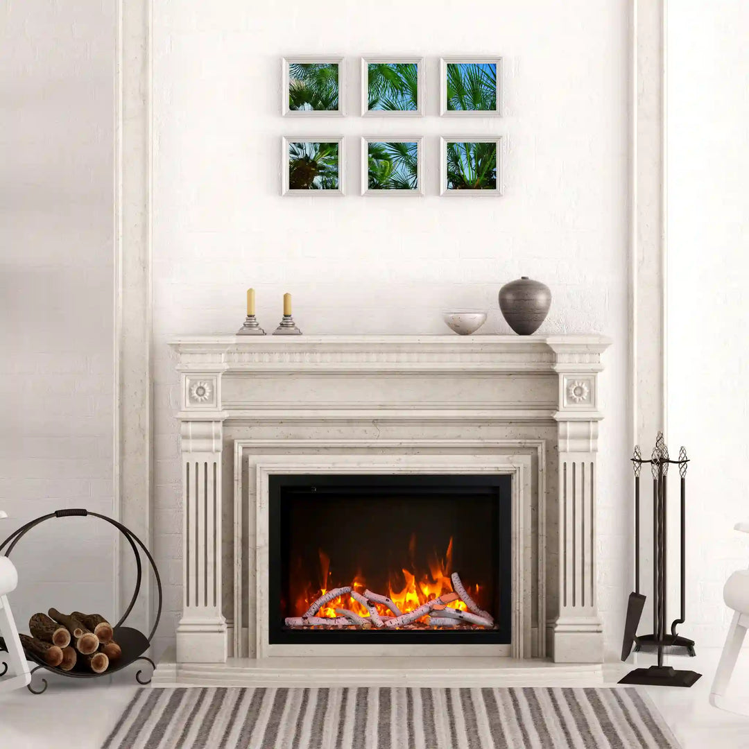 Amantii TRD SMART Electric Fireplace, featuring vibrant multi-colored flames, ambient canopy lighting in 13 colors, and hidden venting for a clean appearance.