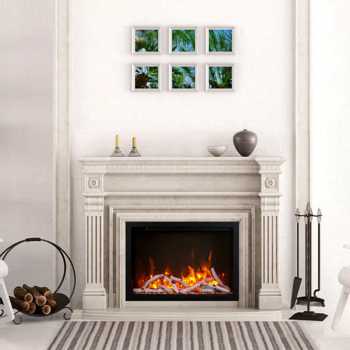 Amantii TRD SMART Electric Fireplace, featuring vibrant multi-colored flames, ambient canopy lighting in 13 colors, and hidden venting for a clean appearance.