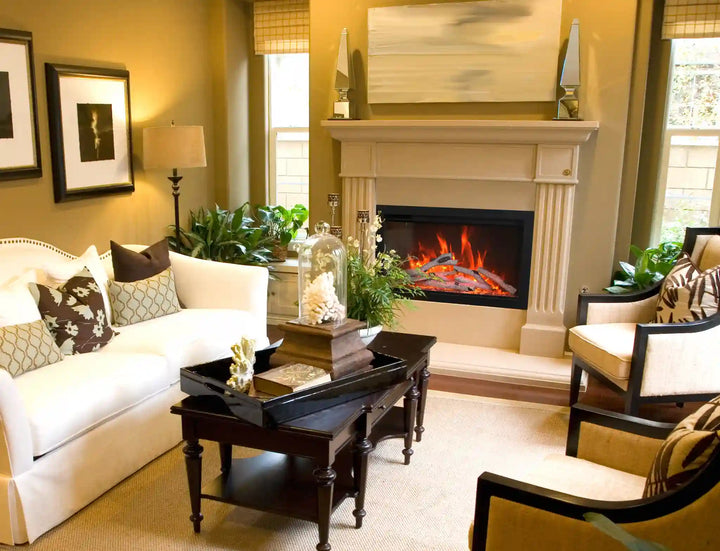 Amantii TRD SMART Electric Fireplace, 26-48", showcasing modern design with classic insert features, featuring vibrant flames, ambient canopy lighting in 13 colors, and a two-stage heater for up to 1465W heat output.