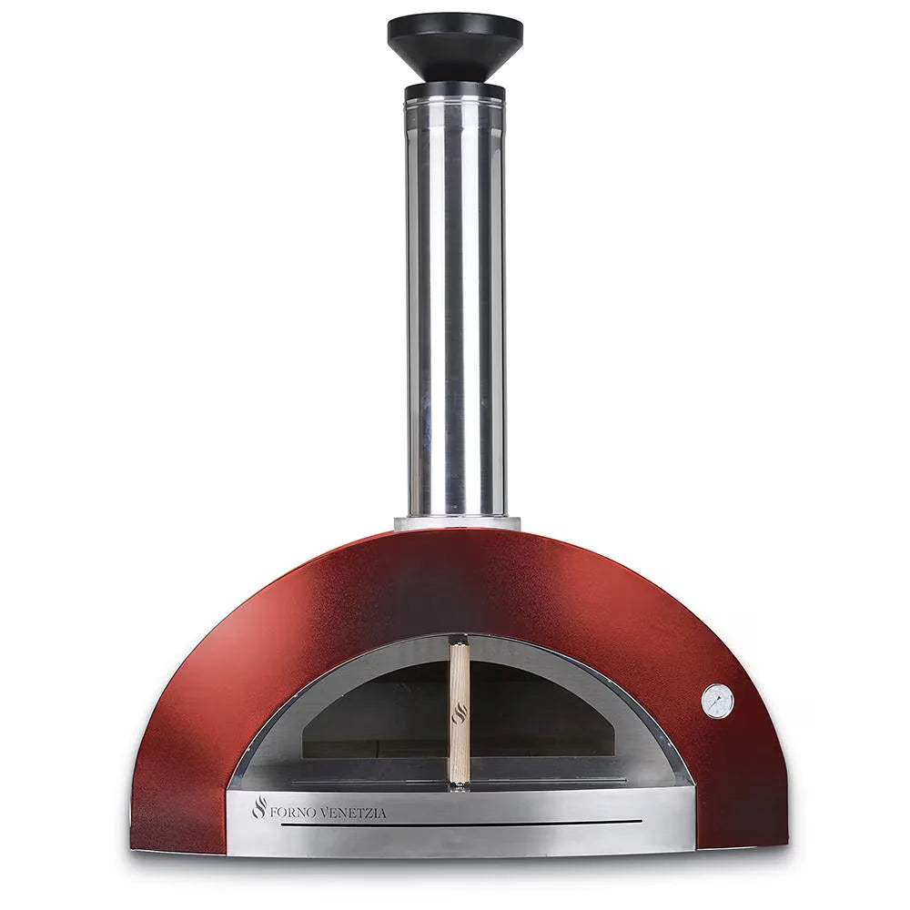 The Forno Venetzia "Bellagio 200" Red - A high-capacity, handcrafted Italian wood-fired oven with 36" x 32" hearth and durable red dome finish.