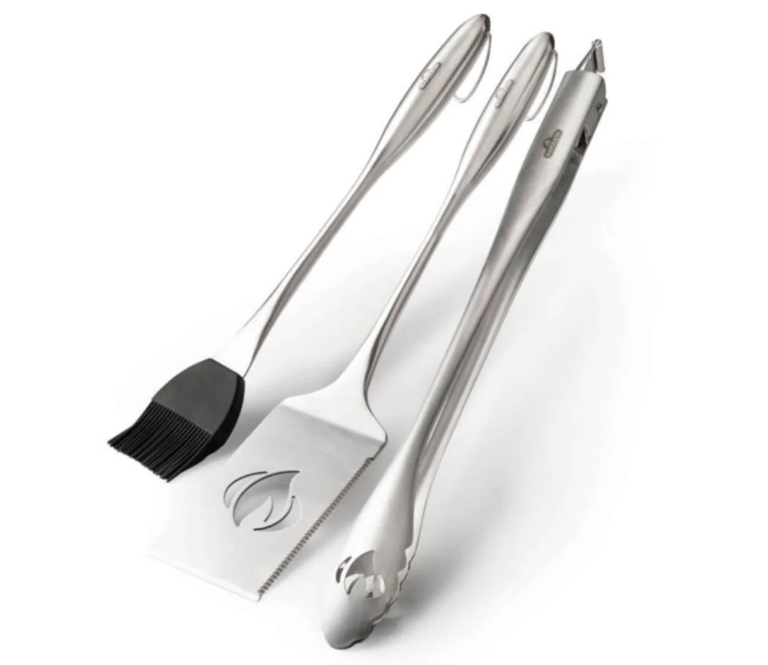 Napoleon PRO Stainless Steel 3-Piece Toolset features premium stainless steel construction, curved ergonomic handles, and oversized hanging loops for convenient grilling companionship.