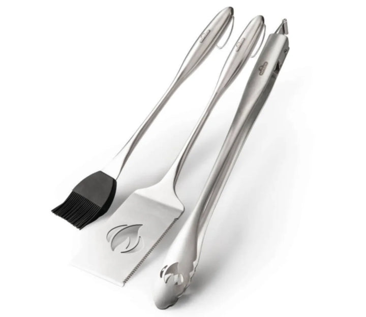 Napoleon PRO Stainless Steel 3-Piece Toolset features premium stainless steel construction, curved ergonomic handles, and oversized hanging loops for convenient grilling companionship.