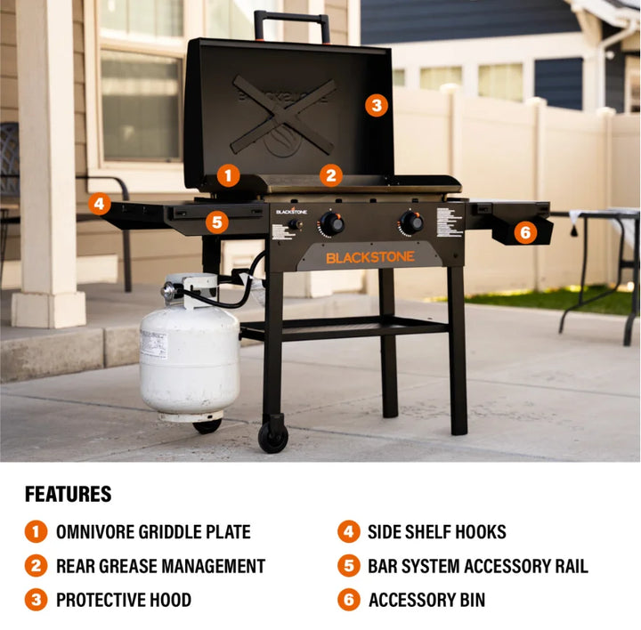 Blackstone Original 28-Inch Griddle with Hood featuring Omnivore technology for even heat distribution and wind guards for consistent cooking, with reinforced hood and dual independently controlled heat zones.
