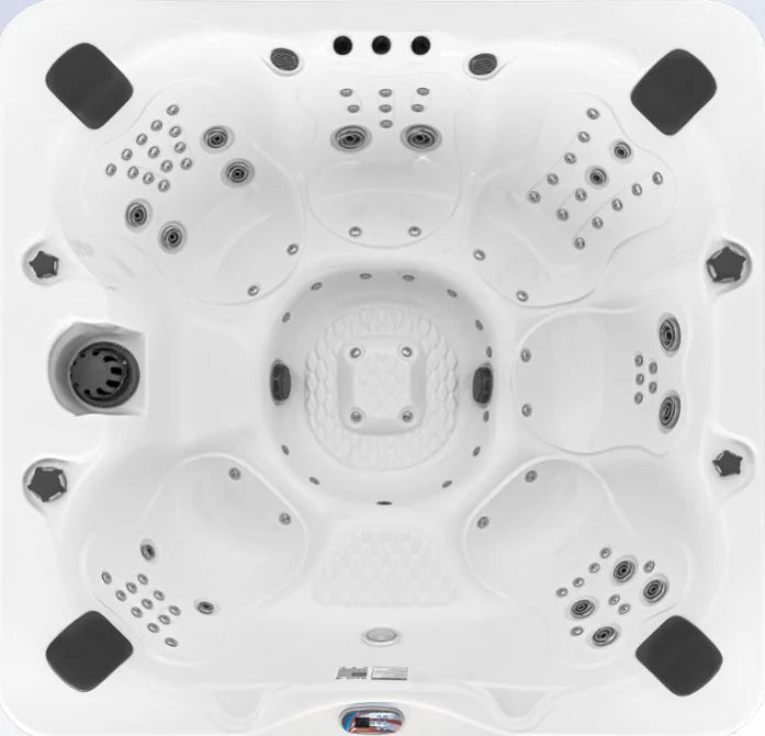 American Spas 6-Person Bench Spa with 100 Exclusive Halo Stainless Steel Jets, multi-colored LED lighting, and Bluetooth audio system for immersive relaxation experience.