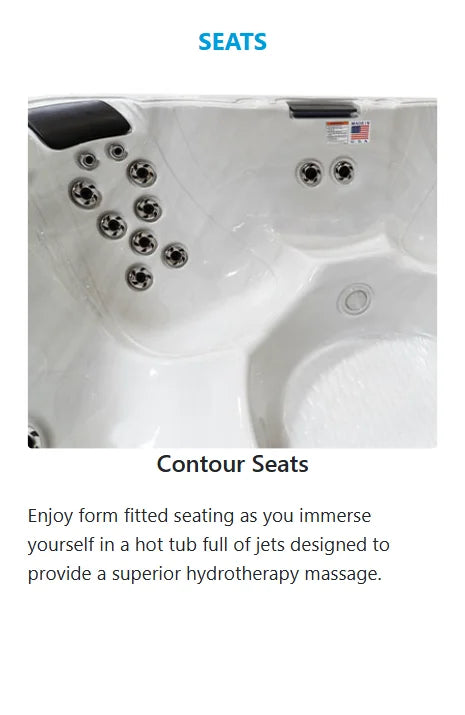 American Spas 6-Person Lounger Spa featuring 100 exclusive Halo stainless steel jets for full-body hydrotherapy massage in a spacious 7-foot full-length lounger, complemented by multi-colored LED lighting and soothing waterfall.
