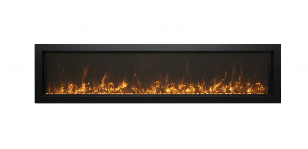 Remii Extra Slim Electric Fireplace featuring vibrant, multi-colored flame presentation, 2-stage heater, and hardwire ready thermostat, perfect for indoor or outdoor use.