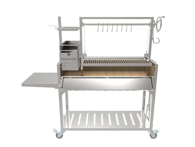 Tagwood BBQ Argentine Santa Maria Wood Fire & Charcoal Gaucho Grill - Stainless steel grill with 710 sq. in. total cooking surface, height-adjustable main grate, and four distinct cooking zones.