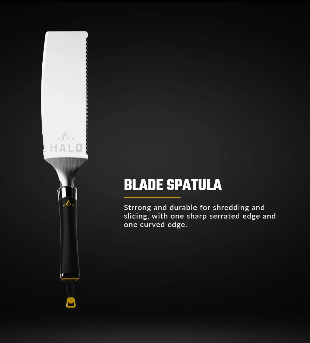 HALO 5-Piece Elite Essentials Griddle Tool Kit, stainless steel construction, includes spatula, scoop spatula, blade spatula, squeegee scraper, and 27 oz squeeze bottle with pressure-release valve.
