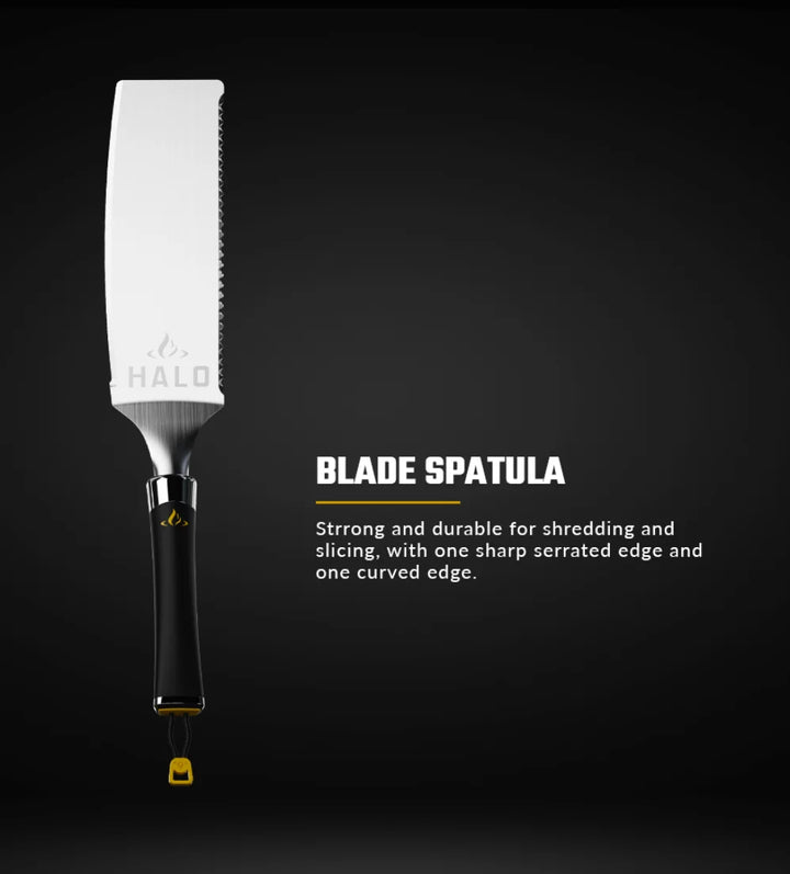HALO 5-Piece Elite Essentials Griddle Tool Kit, stainless steel construction, includes spatula, scoop spatula, blade spatula, squeegee scraper, and 27 oz squeeze bottle with pressure-release valve.