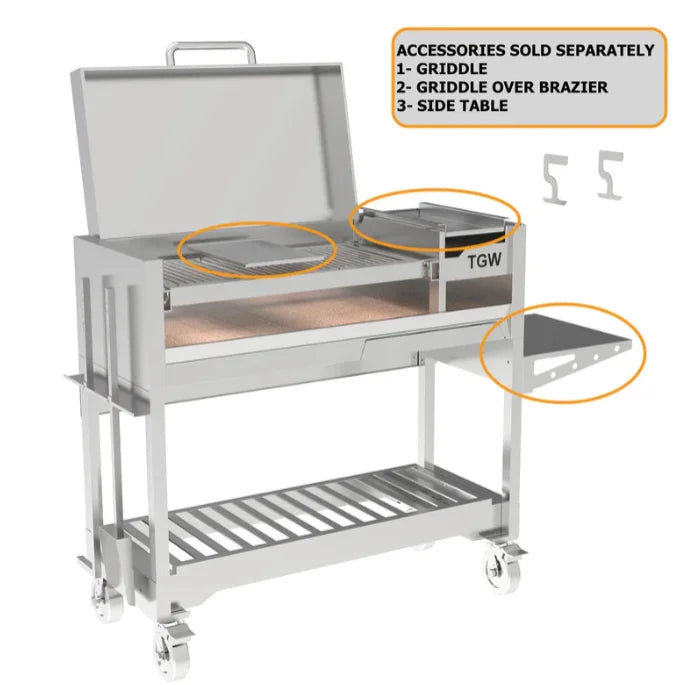 Tagwood Freestanding Santa Maria Style Grill – Stainless Steel: Authentic Argentine-style grill constructed from premium 304 stainless steel with over 700 sq. in. cooking space, dual preset grate positions, and brasero firebox for precise temperature control.