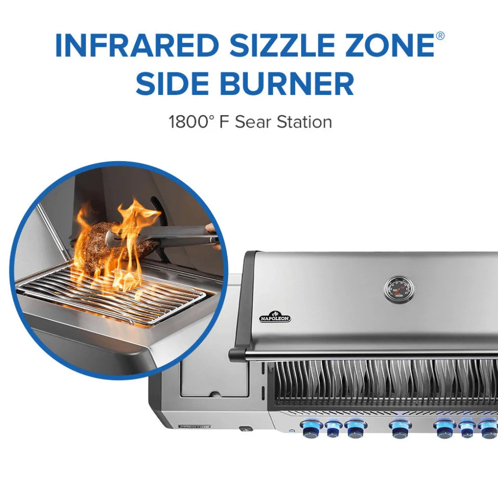 Napoleon Prestige 665 Series Gas Grill: stainless steel build, 7 burners, 94,000 BTUs, infrared rotisserie burner, SIZZLE ZONE side burner, 1,065 sq in cooking area.