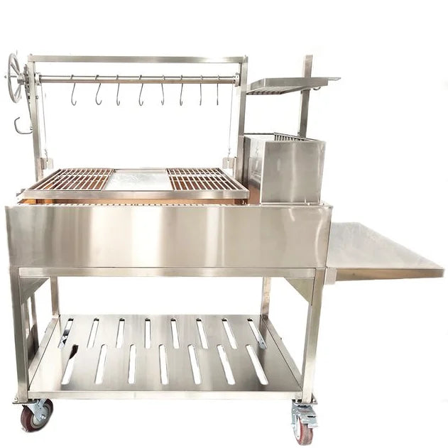 Tagwood Santa Maria Style Wood Grill: Stainless steel BBQ grill with adjustable grates, interchangeable griddle, S-shape meat hooks, and firebrick-lined walls for even heat distribution.