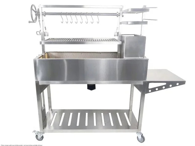 Tagwood BBQ Argentine Santa Maria Wood Fire & Charcoal Gaucho Grill, featuring 710 sq. in. cooking surface across four zones with interchangeable griddle and height-adjustable main grate.