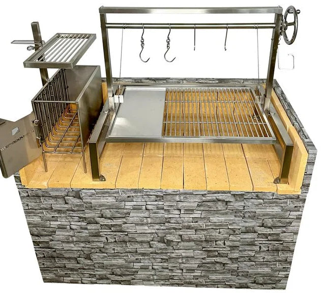Tagwood Built-in Santa Maria Style Grill (656 sq. in.) - stainless steel insert-style grill with adjustable height grates, brasero firebox for coal or wood management, and hanging area for meats, ideal for compact outdoor kitchens.