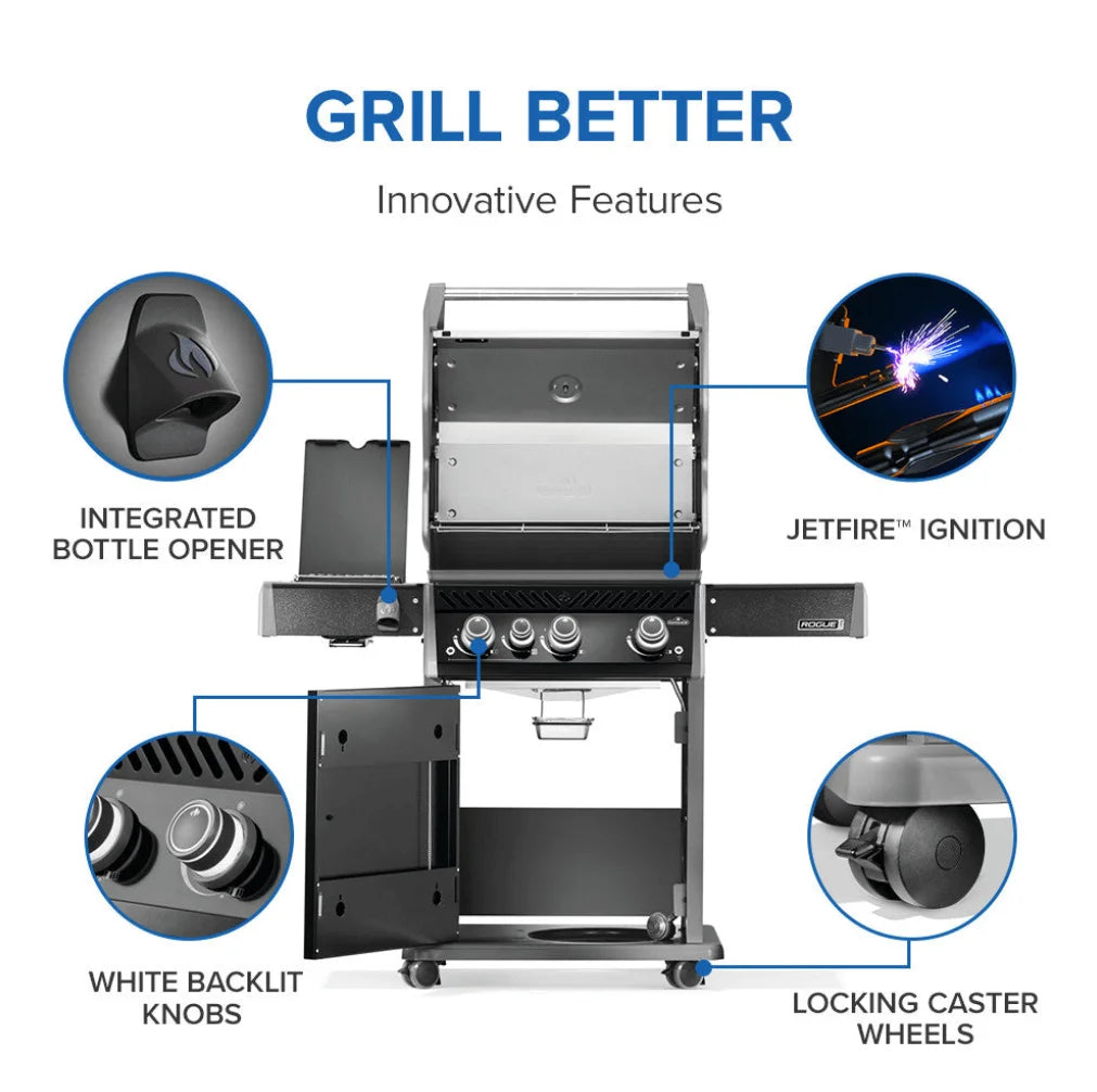 Napoleon Rogue PRO 425 SIB Natural Gas Grill with Premium Black Finish features porcelainized cast iron cooking grids, infrared side burner, and durable black finish resistant to fingerprints and weather.