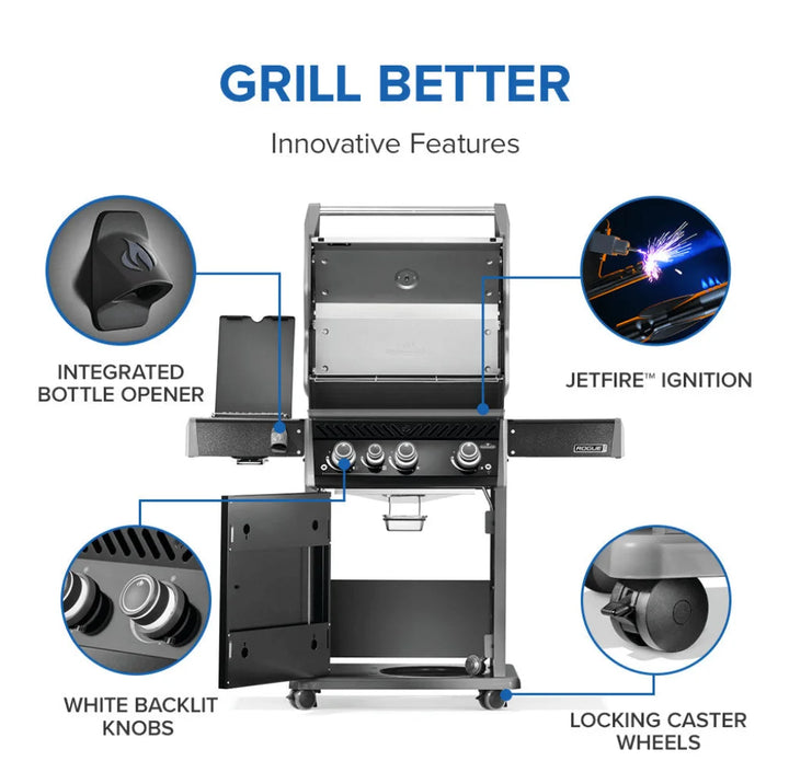 Napoleon Rogue PRO 425 SIB Natural Gas Grill with Premium Black Finish features porcelainized cast iron cooking grids, infrared side burner, and durable black finish resistant to fingerprints and weather.