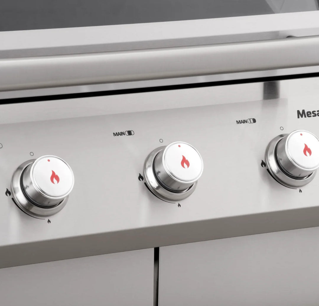 Monument Grills Mesa Series M305 Stainless Steel 3-Burner Propane Gas Grill with Porcelain-Coated Cast Iron Grates and Compact Design for Small Outdoor Spaces.