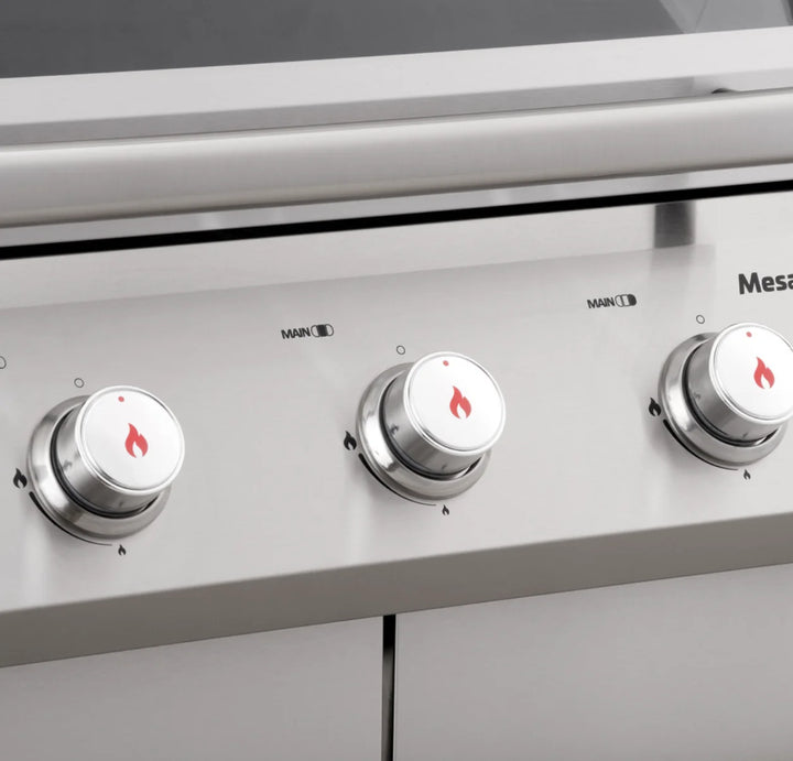 Monument Grills Mesa Series M305 Stainless Steel 3-Burner Propane Gas Grill with Porcelain-Coated Cast Iron Grates and Compact Design for Small Outdoor Spaces.
