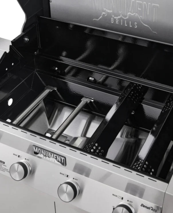 Monument Grills Denali Series D405 Gas Grill - A sleek stainless steel smart propane grill featuring four high-performance burners, digital touchscreen, Bluetooth connectivity, and color-changing LED backlit knobs for precision temperature control and effortless grilling experience.