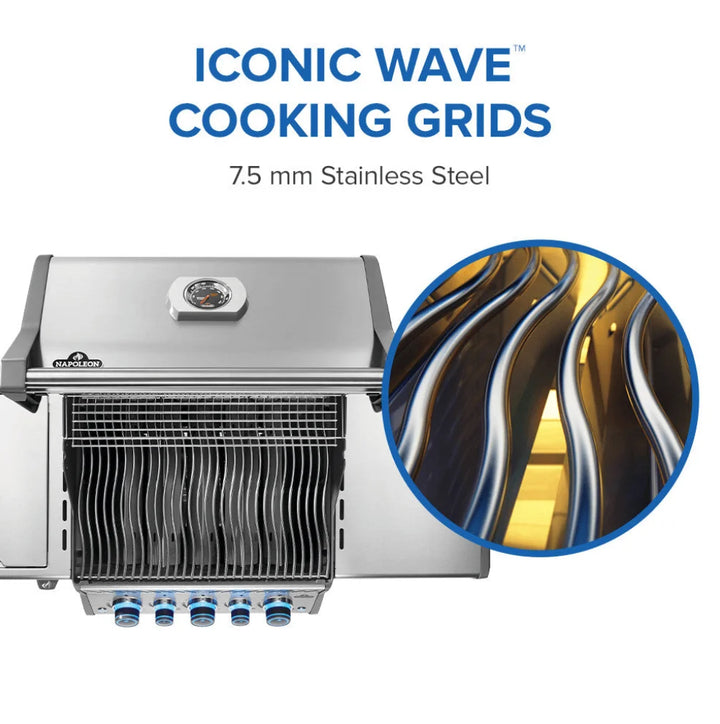 Napoleon Rogue PRO-S 425 RSIB Gas Grill in Stainless Steel with Infrared Side Burner and Rear Rotisserie.