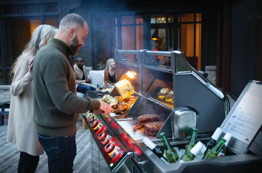 Napoleon Prestige Pro 825 with Side Burner, Infrared Rear & Bottom Burner: Luxurious propane grill featuring two independent grill heads, powerful side burner, and dual infrared sear zones for high-performance cooking.