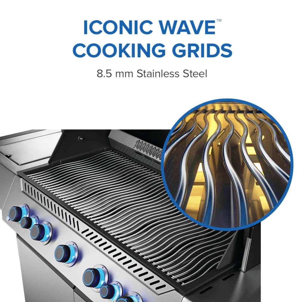Napoleon Prestige 665 Series Gas Grill: High-end stainless steel grill with chrome accents, 7 burners, 94,000 BTUs, over 1,000 sq. in. cooking space, and advanced features for effortless grilling with professional results.