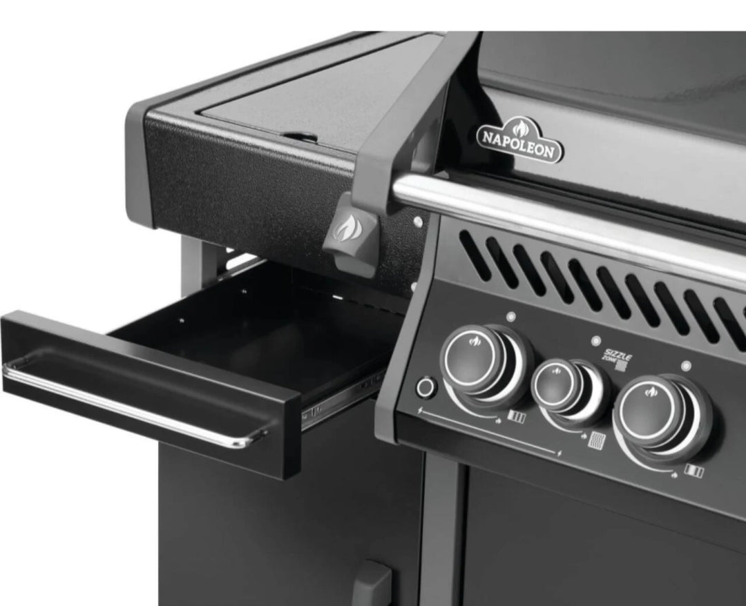 Napoleon Rogue PRO Under Grill Storage Cart (Gloss Black) - Premium gloss black cabinet with top drawer, tool hooks, and locking casters for organized grilling station.