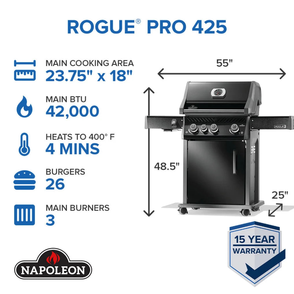 Napoleon Rogue PRO 425 SIB Natural Gas Grill with Infrared Side Burner features black porcelain enamel lid, powder-coated control panel and shelves, precision main burners, and infrared side burner for even heat distribution and signature sear marks.