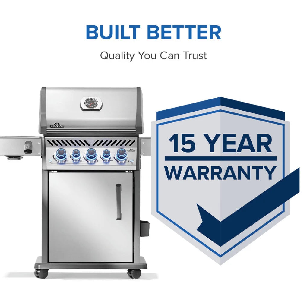 Napoleon Rogue PRO-S 425 RSIB grill in stainless steel features five burners, including an infrared side burner for high-heat searing and rear rotisserie burner for even roasting.