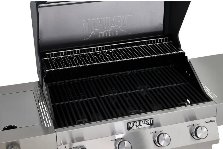 Monument Grills Denali Series D405 Gas Grill - stainless steel smart propane grill with color-changing LED knobs, digital touchscreen, Bluetooth connectivity, and 725 sq. in. cooking space.