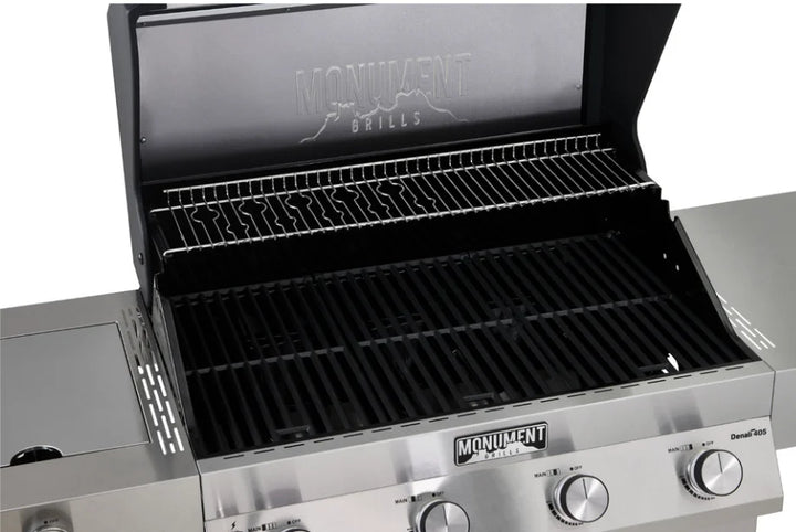 Monument Grills Denali Series D405 Gas Grill - stainless steel smart propane grill with color-changing LED knobs, digital touchscreen, Bluetooth connectivity, and 725 sq. in. cooking space.