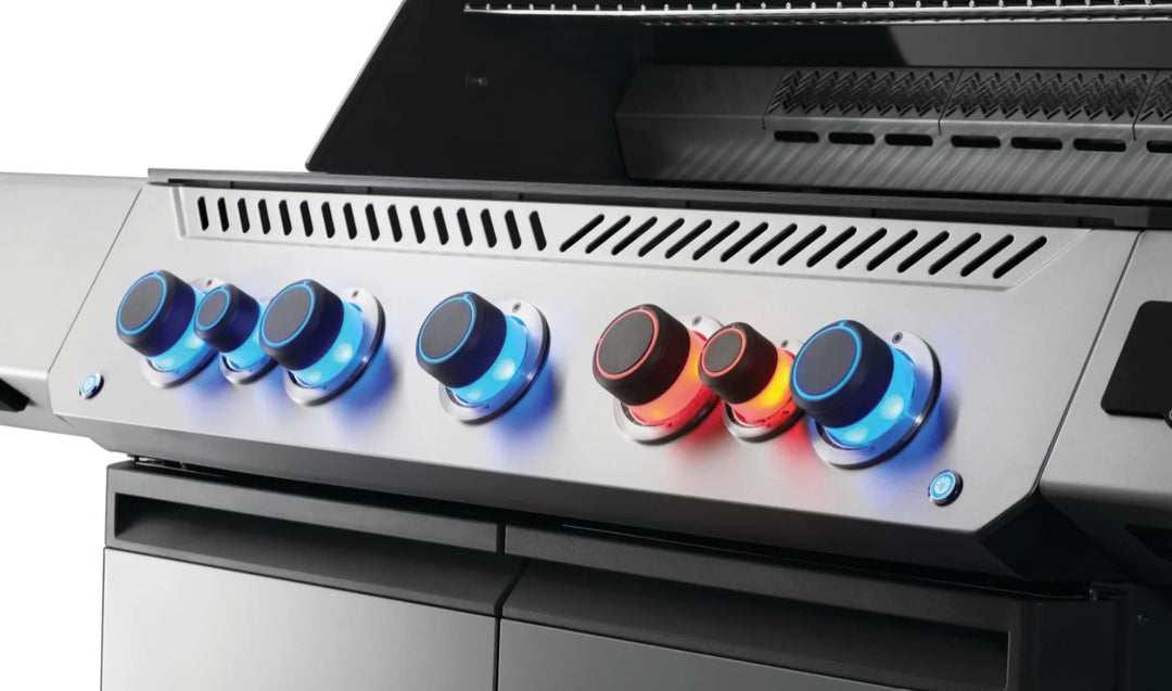 Napoleon Prestige 665 Series Gas Grill features 7 burners, 94,000 BTUs heat output, and over 1,000 sq. in. cooking space with stainless steel wave grids and infrared rotisserie burner.