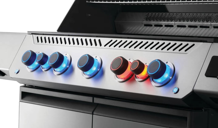 Napoleon Prestige 665 Series Gas Grill features 7 burners, 94,000 BTUs heat output, and over 1,000 sq. in. cooking space with stainless steel wave grids and infrared rotisserie burner.